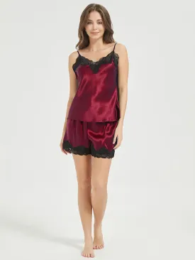 22 Momme Black Lace Silk Camisole Shorts Pajamas Set