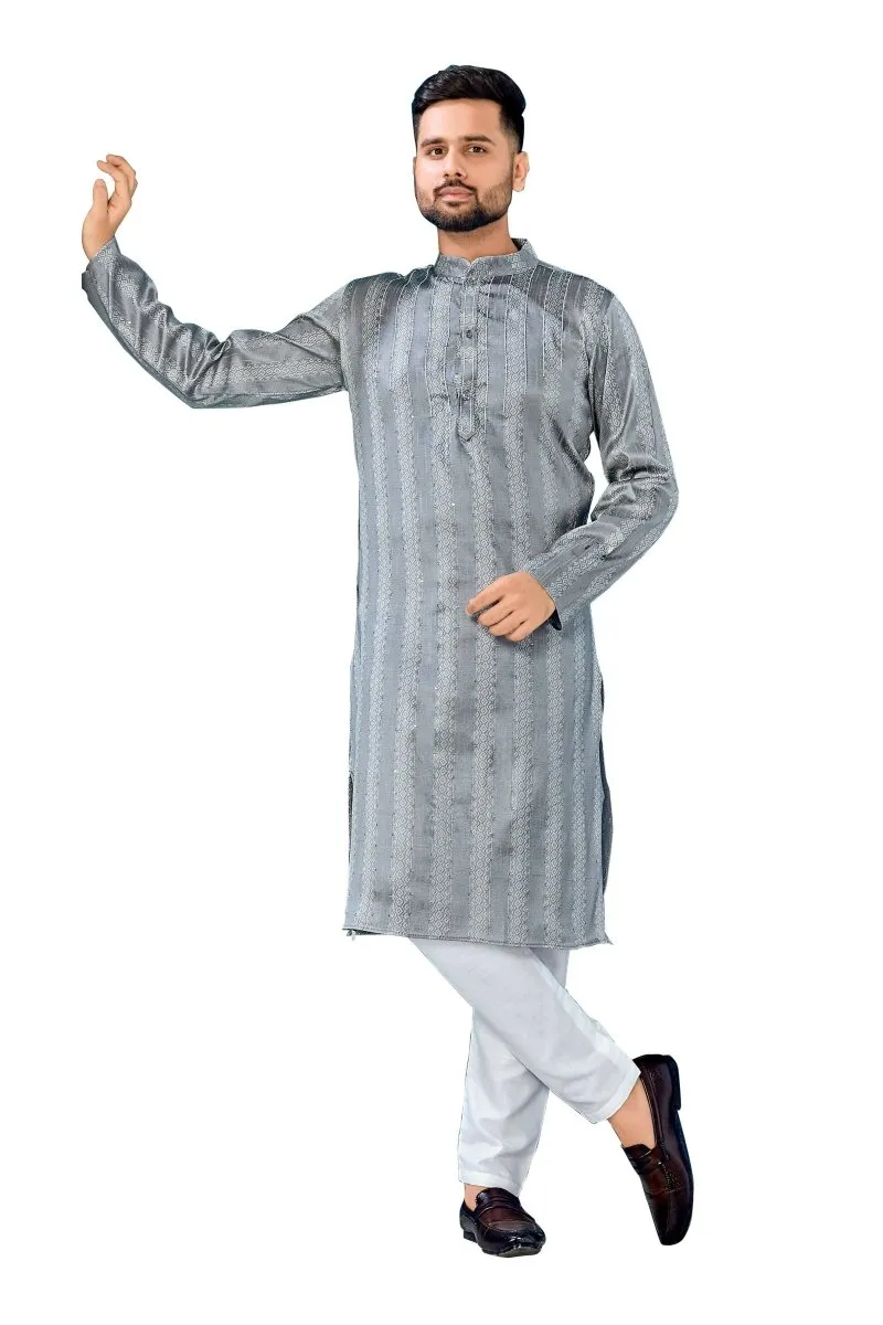 Aastha Fashion Men's Grey Jacquard Silk Sequence Work Party Wear Kurta with Pajama