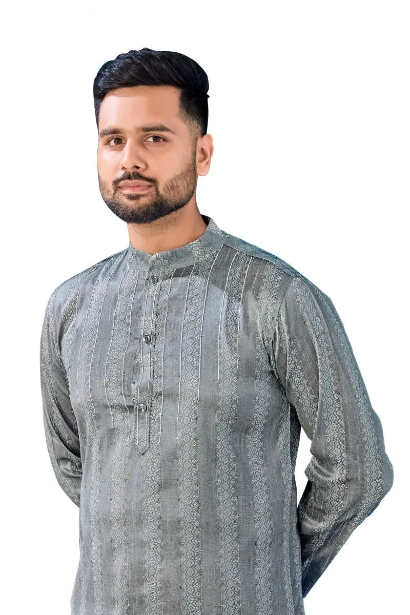 Aastha Fashion Men's Grey Jacquard Silk Sequence Work Party Wear Kurta with Pajama