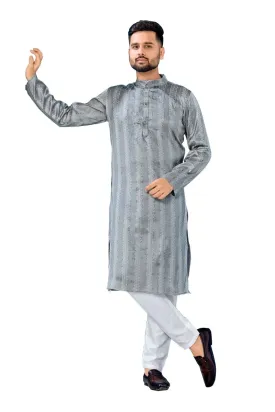 Aastha Fashion Men's Grey Jacquard Silk Sequence Work Party Wear Kurta with Pajama