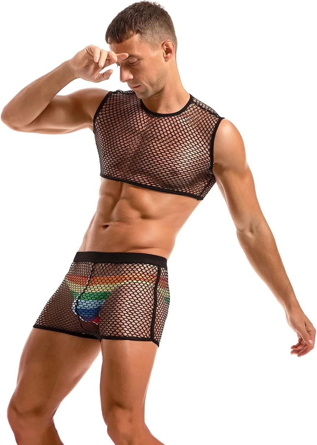 AMY COULEE Mens Fishnet Crop Top Sexy Mesh Tank Top See Through Sleeveless Undershirts Nightclub Party Vest