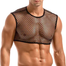 AMY COULEE Mens Fishnet Crop Top Sexy Mesh Tank Top See Through Sleeveless Undershirts Nightclub Party Vest