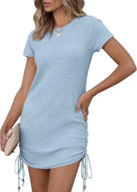 ANRABESS Women Swimwear Cover Up Short Sleeve Knit T Shirt Dress 2025 Summer Beach Drawstring Swim Suit Crochet Mini Dresses