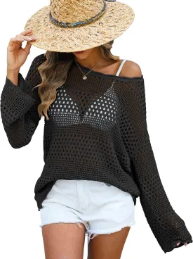ANRABESS Womens Crochet Cover Up Summer Long Sleeve Loose Fit Casual Sweater Tops Hollow Out Knit Swimwear 2025 Beach Shirts