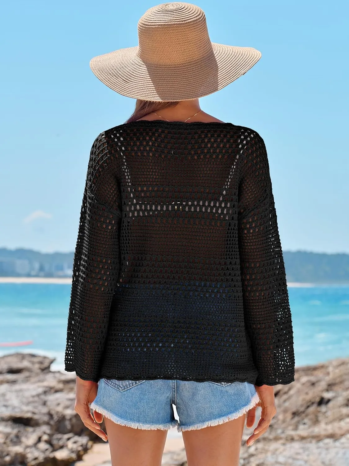 ANRABESS Womens Crochet Cover Up Summer Long Sleeve Loose Fit Casual Sweater Tops Hollow Out Knit Swimwear 2025 Beach Shirts
