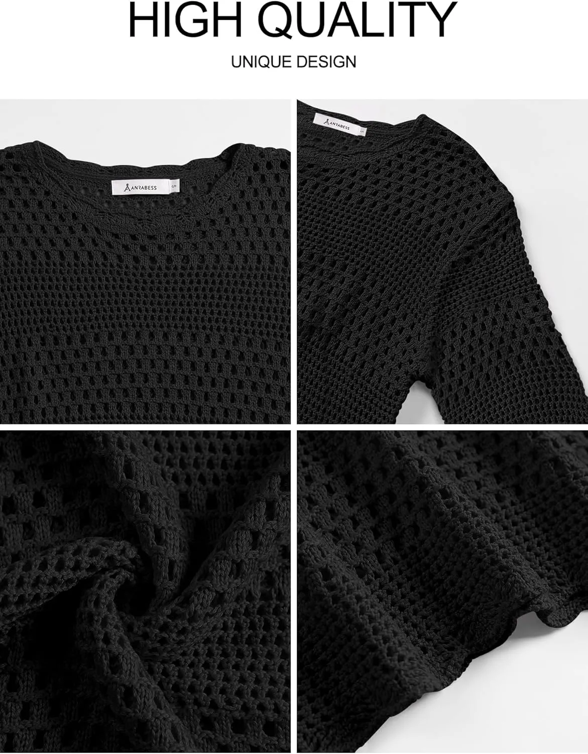 ANRABESS Womens Crochet Cover Up Summer Long Sleeve Loose Fit Casual Sweater Tops Hollow Out Knit Swimwear 2025 Beach Shirts