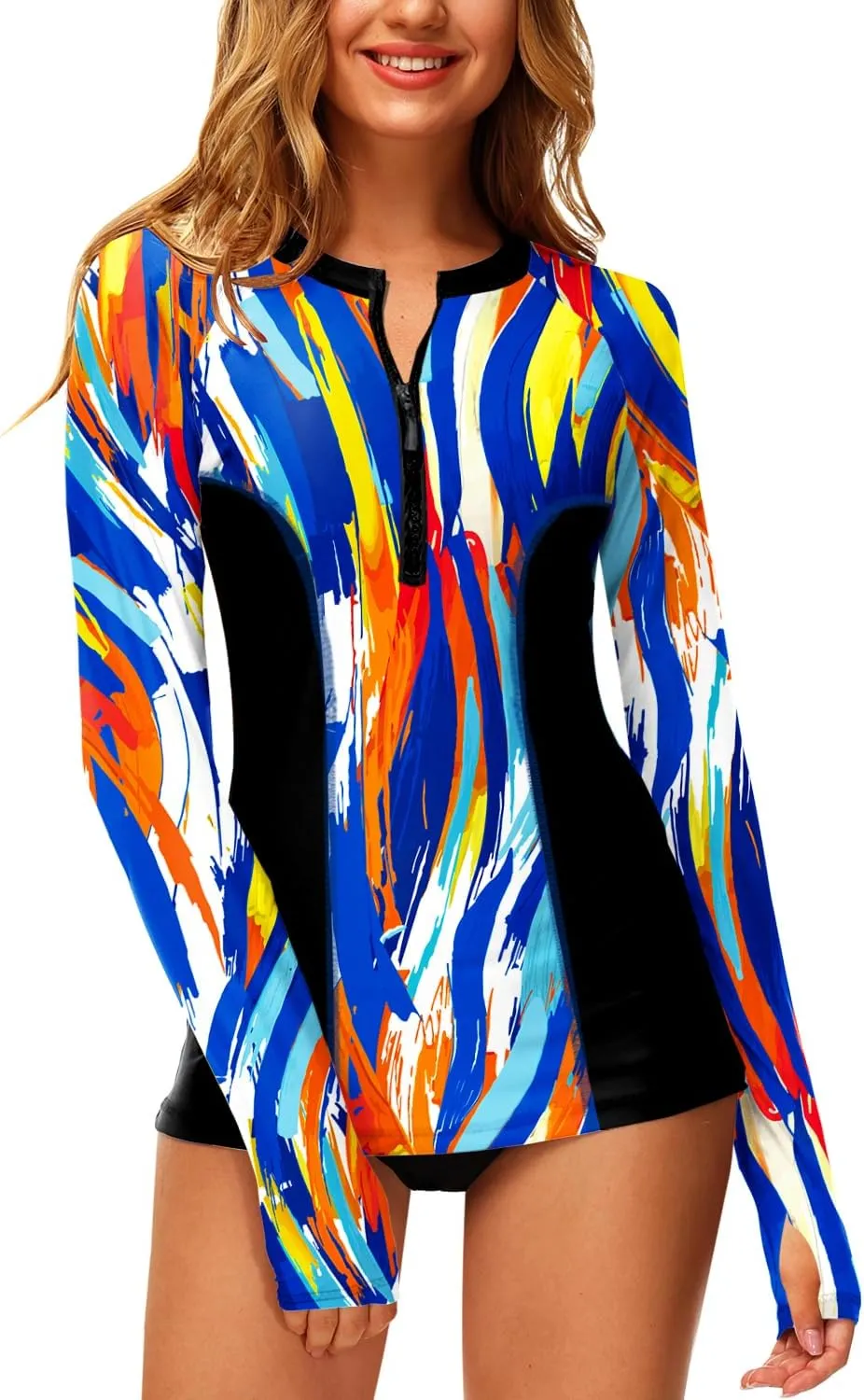 AOBUTE Women Zip Rash Guard UPF 50  Surf Swim Shirts with Thumb Hole
