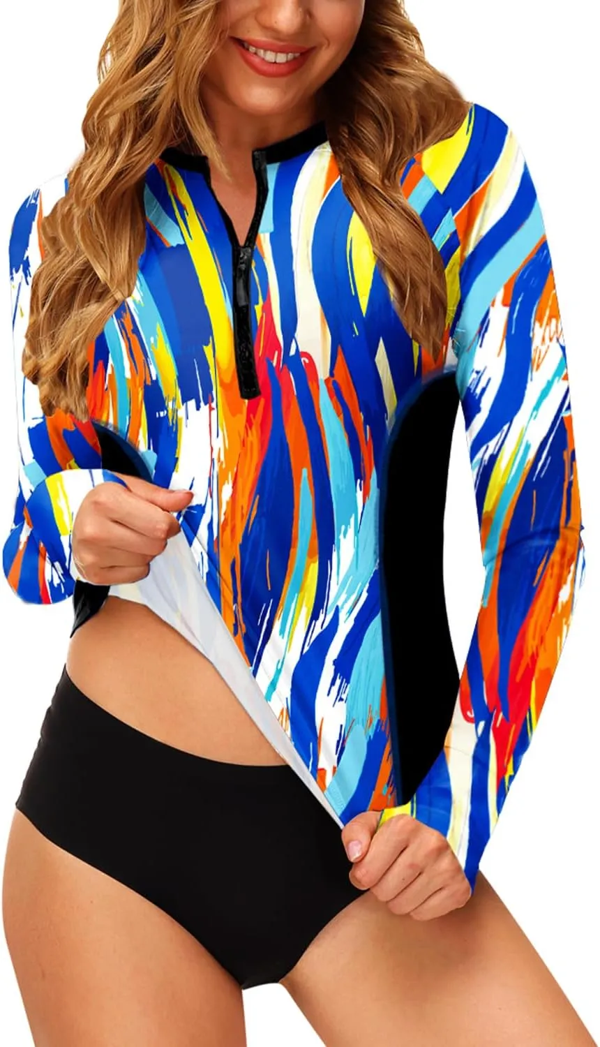 AOBUTE Women Zip Rash Guard UPF 50  Surf Swim Shirts with Thumb Hole