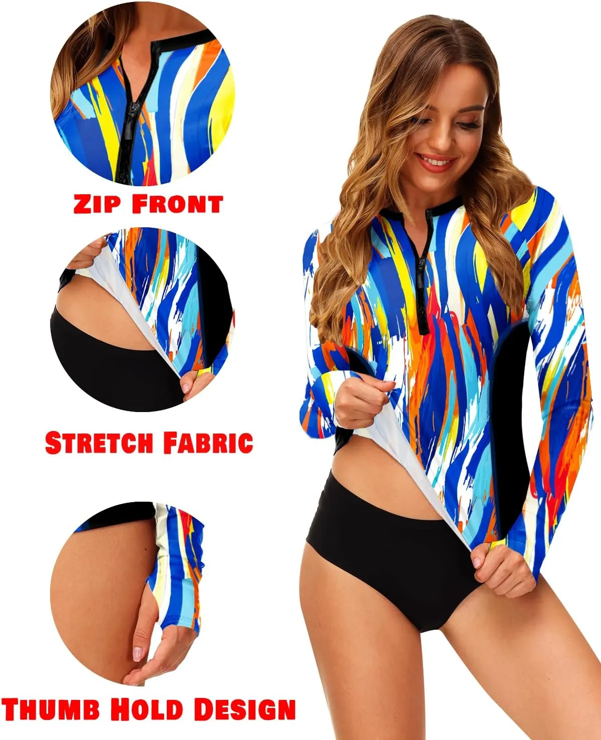 AOBUTE Women Zip Rash Guard UPF 50  Surf Swim Shirts with Thumb Hole
