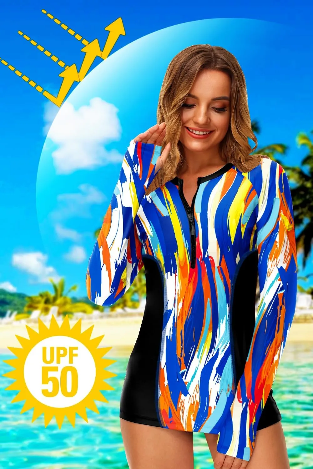 AOBUTE Women Zip Rash Guard UPF 50  Surf Swim Shirts with Thumb Hole