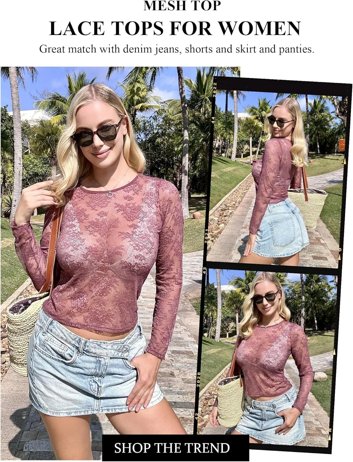 Avidlove Lace Mesh Top for Women Long Sleeve Crew Neck Sheer Blouse See Through Floral Lace Tops