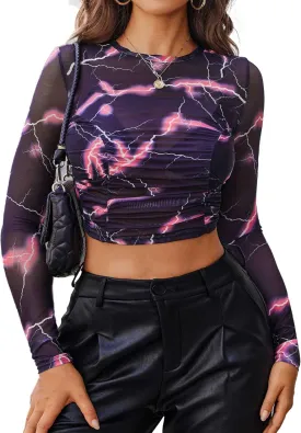 Avidlove Womens Mesh Top Mock Neck Ruched Sheer Y2K Crop Top Party Clubwear Night