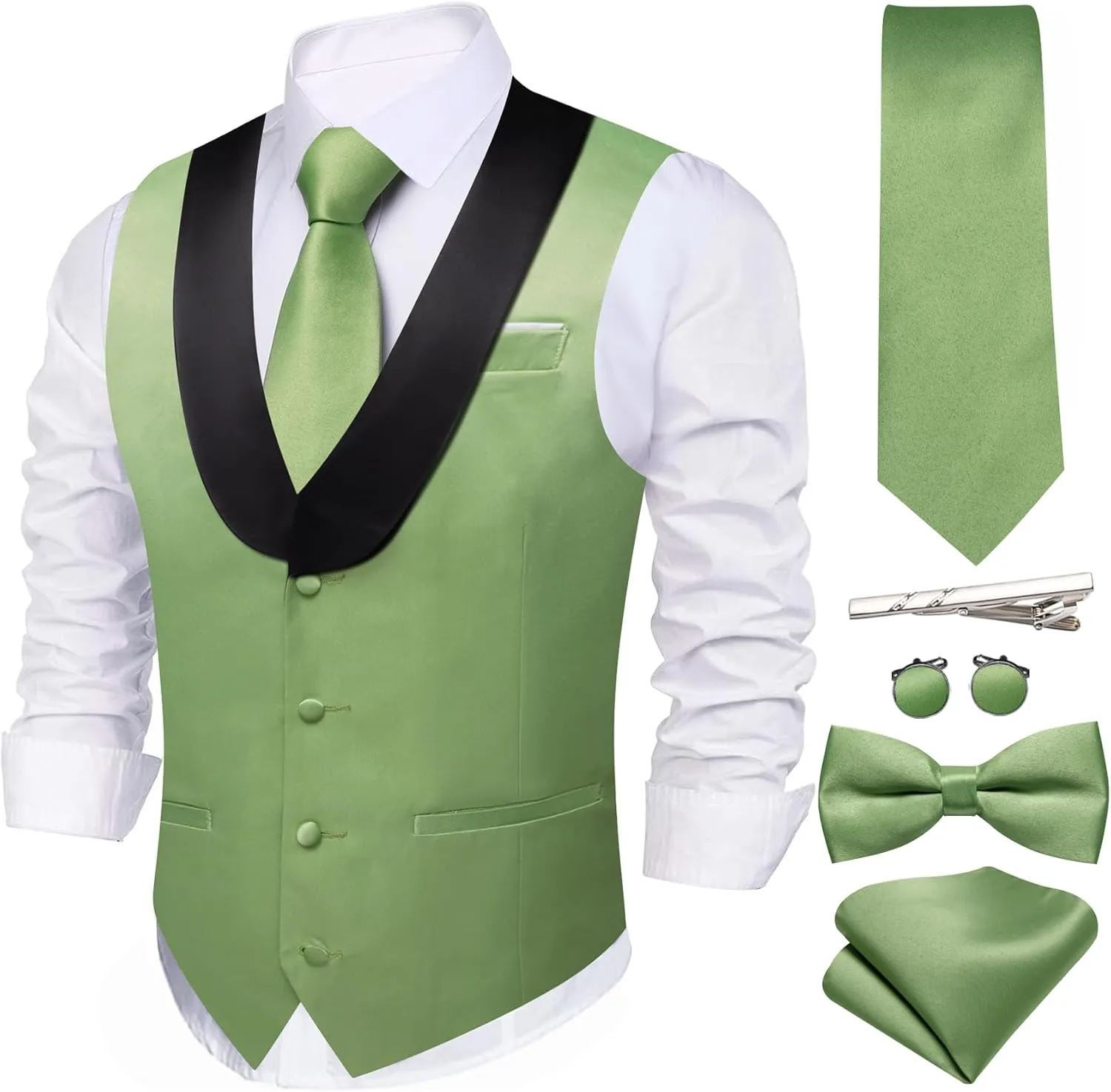 Barry.Wang Mens Formal Suit Vest Casual Business Waistcoat Tie Bowtie Set Shawl Collar Slim Fit Vest Wedding Party