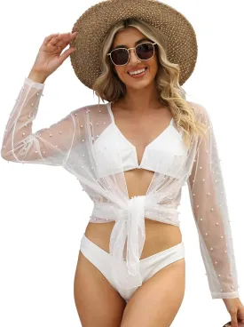 Bathing Suit Cover Ups for Women Long Sleeve Pearls Sheer Mesh Beach Cover Ups Swimwear Swimsuit Coverup for Women