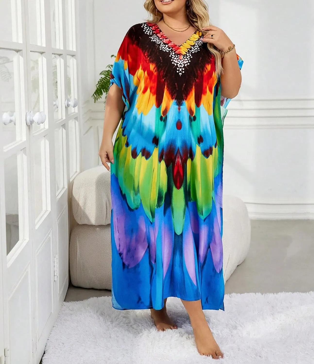 BeadChica Kaftan Dresses for Women Plus Size Summer Beach Dress with Print and Swim Cover Ups