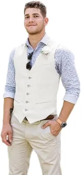 Bofan Linen Mens Suit Vest Beach Wedding Waistcoat Summer Casual Vest For Men Groomsmen Dress Vest