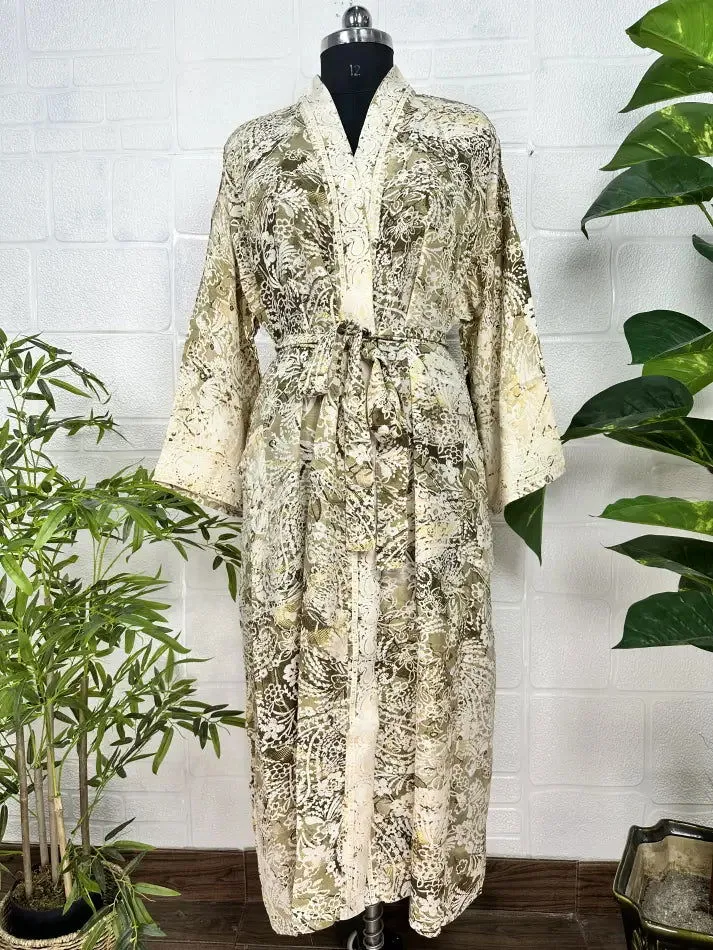 Bohemian New Silk Sari Kimono Women Regal House Beach Robe | Beige Brown Floral Luxury Anniversary Birthday Gift For Her