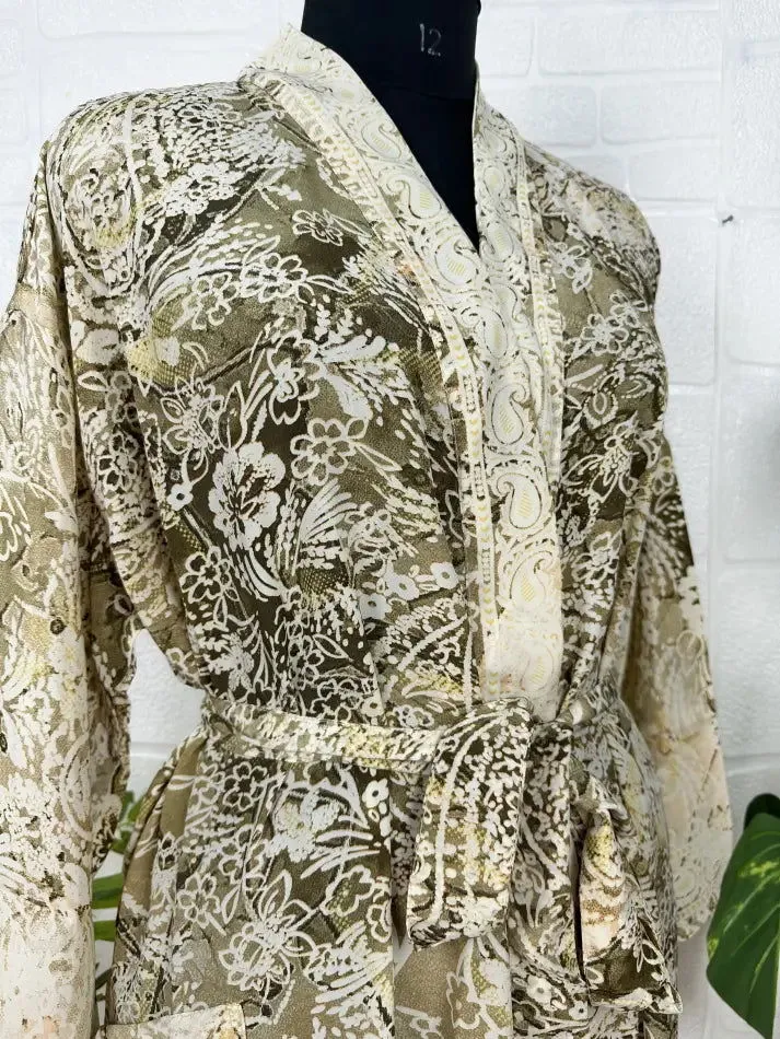 Bohemian New Silk Sari Kimono Women Regal House Beach Robe | Beige Brown Floral Luxury Anniversary Birthday Gift For Her