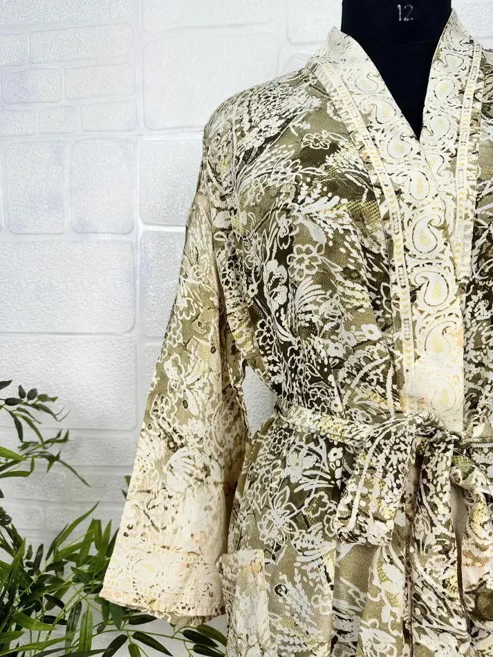 Bohemian New Silk Sari Kimono Women Regal House Beach Robe | Beige Brown Floral Luxury Anniversary Birthday Gift For Her