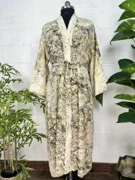 Bohemian New Silk Sari Kimono Women Regal House Beach Robe | Beige Brown Floral Luxury Anniversary Birthday Gift For Her