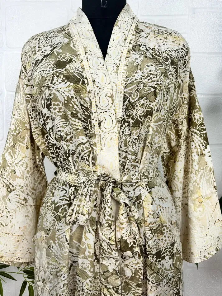 Bohemian New Silk Sari Kimono Women Regal House Beach Robe | Beige Brown Floral Luxury Anniversary Birthday Gift For Her