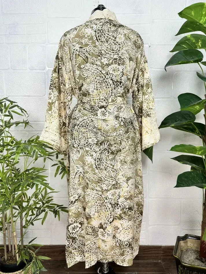 Bohemian New Silk Sari Kimono Women Regal House Beach Robe | Beige Brown Floral Luxury Anniversary Birthday Gift For Her