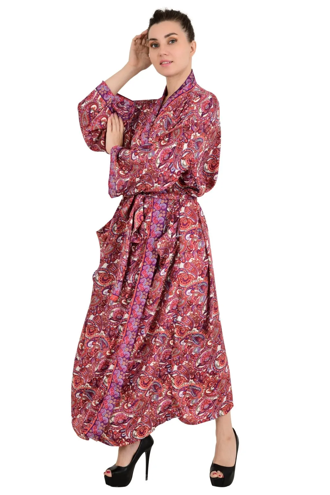 Bohemian New Silk Sari Kimono Women Regal House Beach Robe | Red White Paisley Floral Luxury Anniversary Birthday Gift For Her