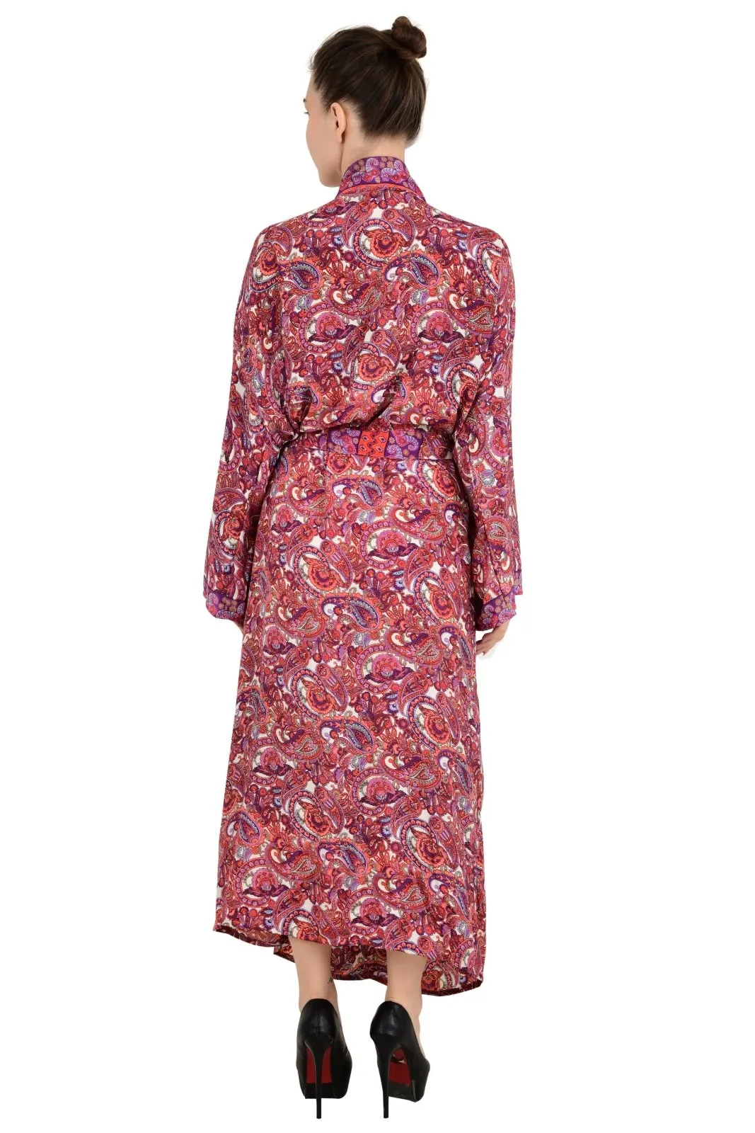 Bohemian New Silk Sari Kimono Women Regal House Beach Robe | Red White Paisley Floral Luxury Anniversary Birthday Gift For Her