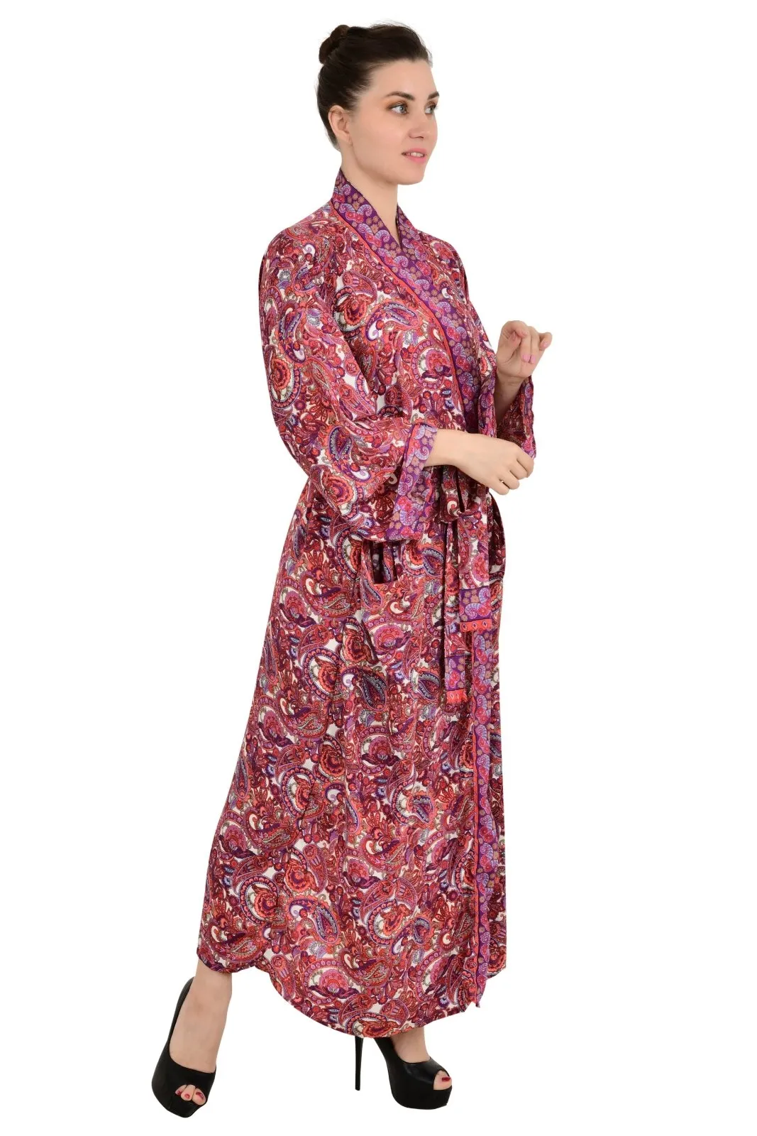 Bohemian New Silk Sari Kimono Women Regal House Beach Robe | Red White Paisley Floral Luxury Anniversary Birthday Gift For Her