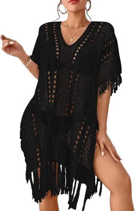Bsubseach Crochet Coverups for Women Tassel Hollow Out Slit Swimsuit Coverup Bathing Suit Cover Up Beach Dress