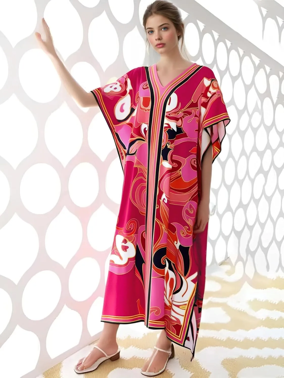 Cashew Flower Silk Caftan Women Vneck beach Cover up Caftans Loose Plus Size Floral Print Side Split Kaftan Dresses
