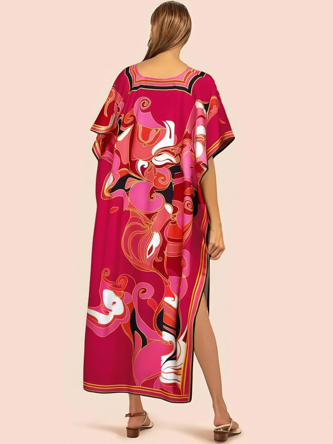Cashew Flower Silk Caftan Women Vneck beach Cover up Caftans Loose Plus Size Floral Print Side Split Kaftan Dresses