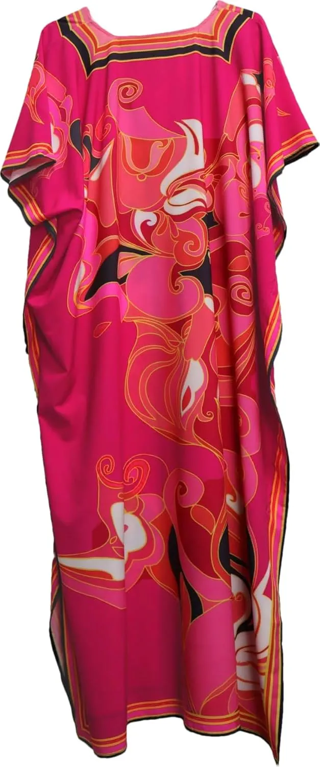 Cashew Flower Silk Caftan Women Vneck beach Cover up Caftans Loose Plus Size Floral Print Side Split Kaftan Dresses
