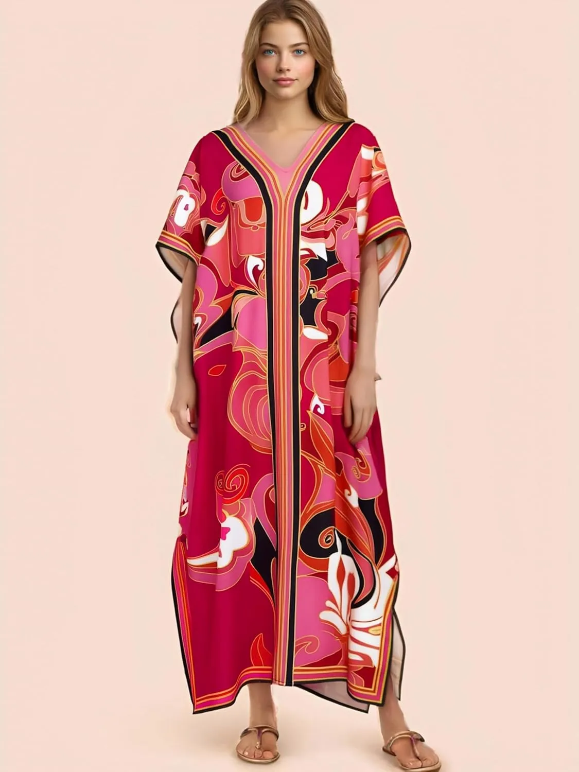 Cashew Flower Silk Caftan Women Vneck beach Cover up Caftans Loose Plus Size Floral Print Side Split Kaftan Dresses