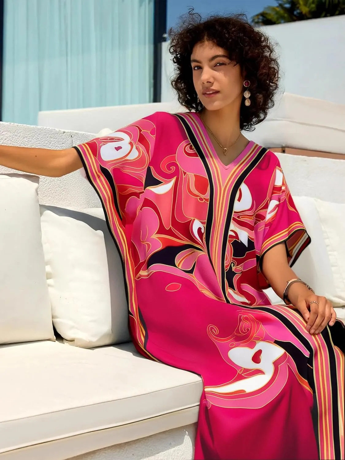 Cashew Flower Silk Caftan Women Vneck beach Cover up Caftans Loose Plus Size Floral Print Side Split Kaftan Dresses