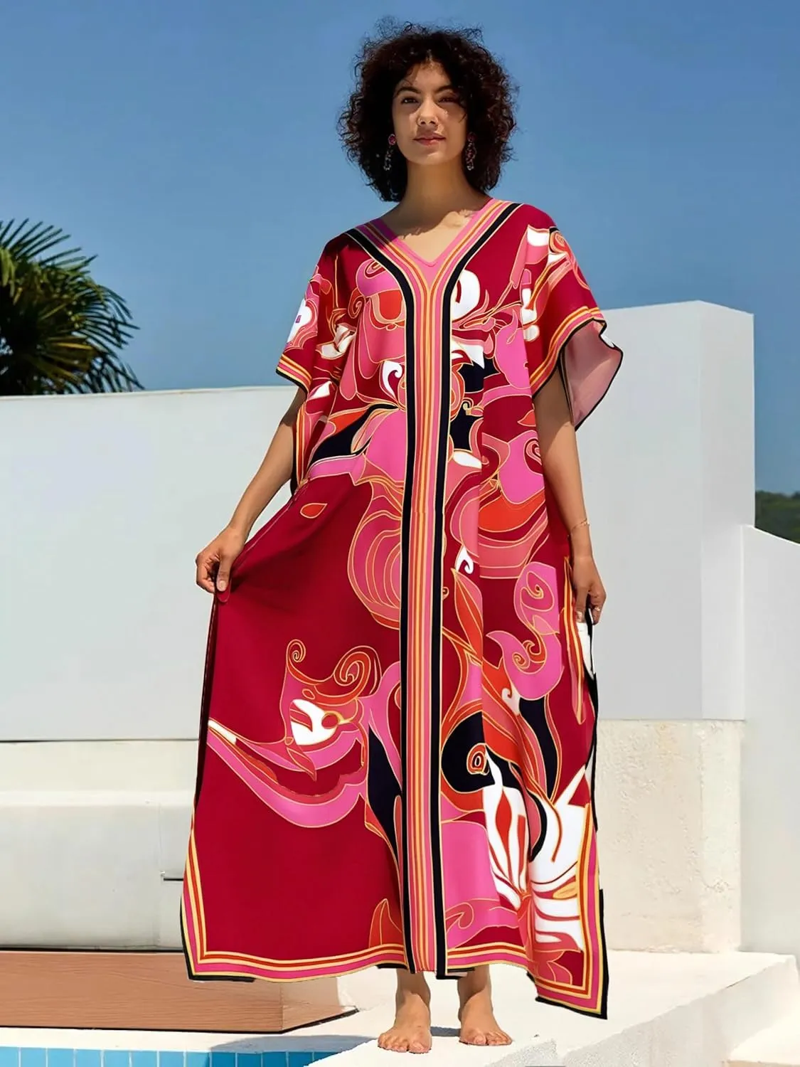 Cashew Flower Silk Caftan Women Vneck beach Cover up Caftans Loose Plus Size Floral Print Side Split Kaftan Dresses