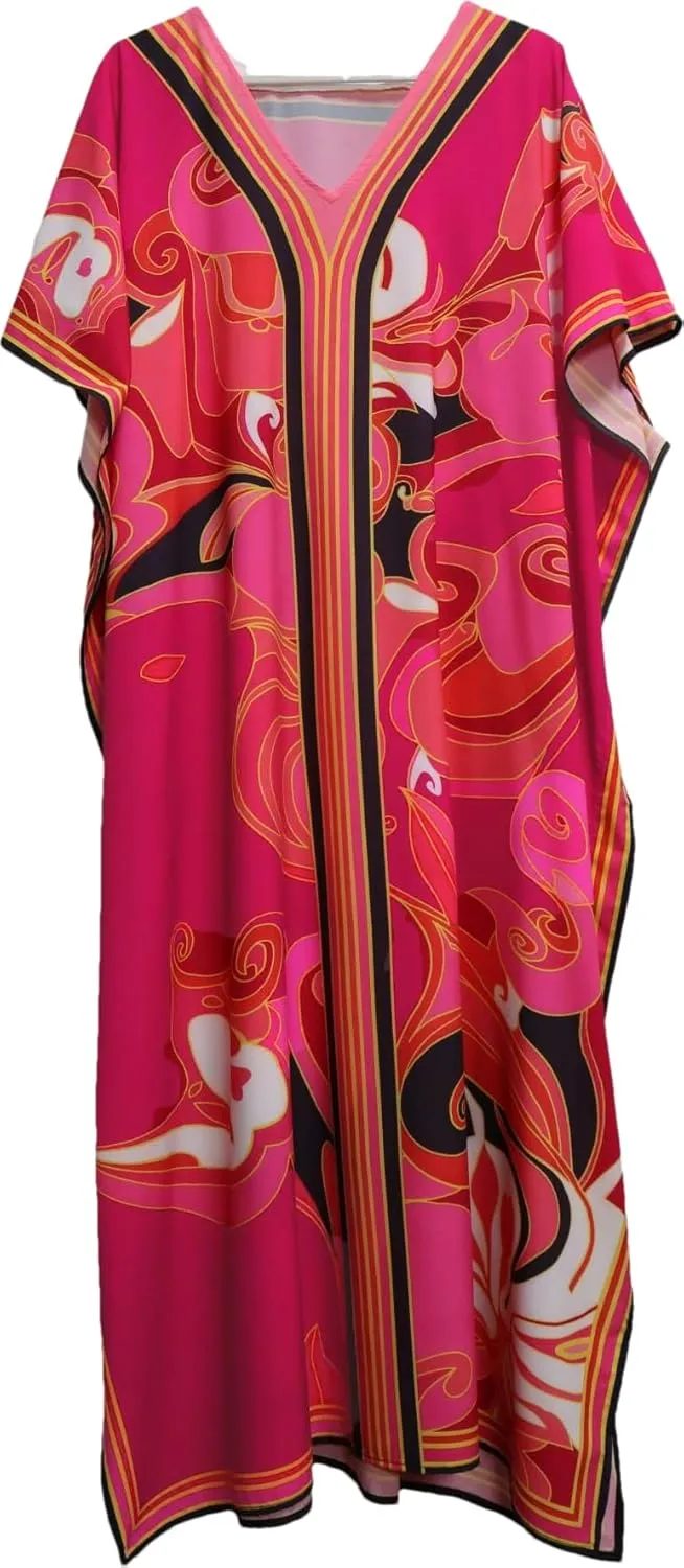 Cashew Flower Silk Caftan Women Vneck beach Cover up Caftans Loose Plus Size Floral Print Side Split Kaftan Dresses