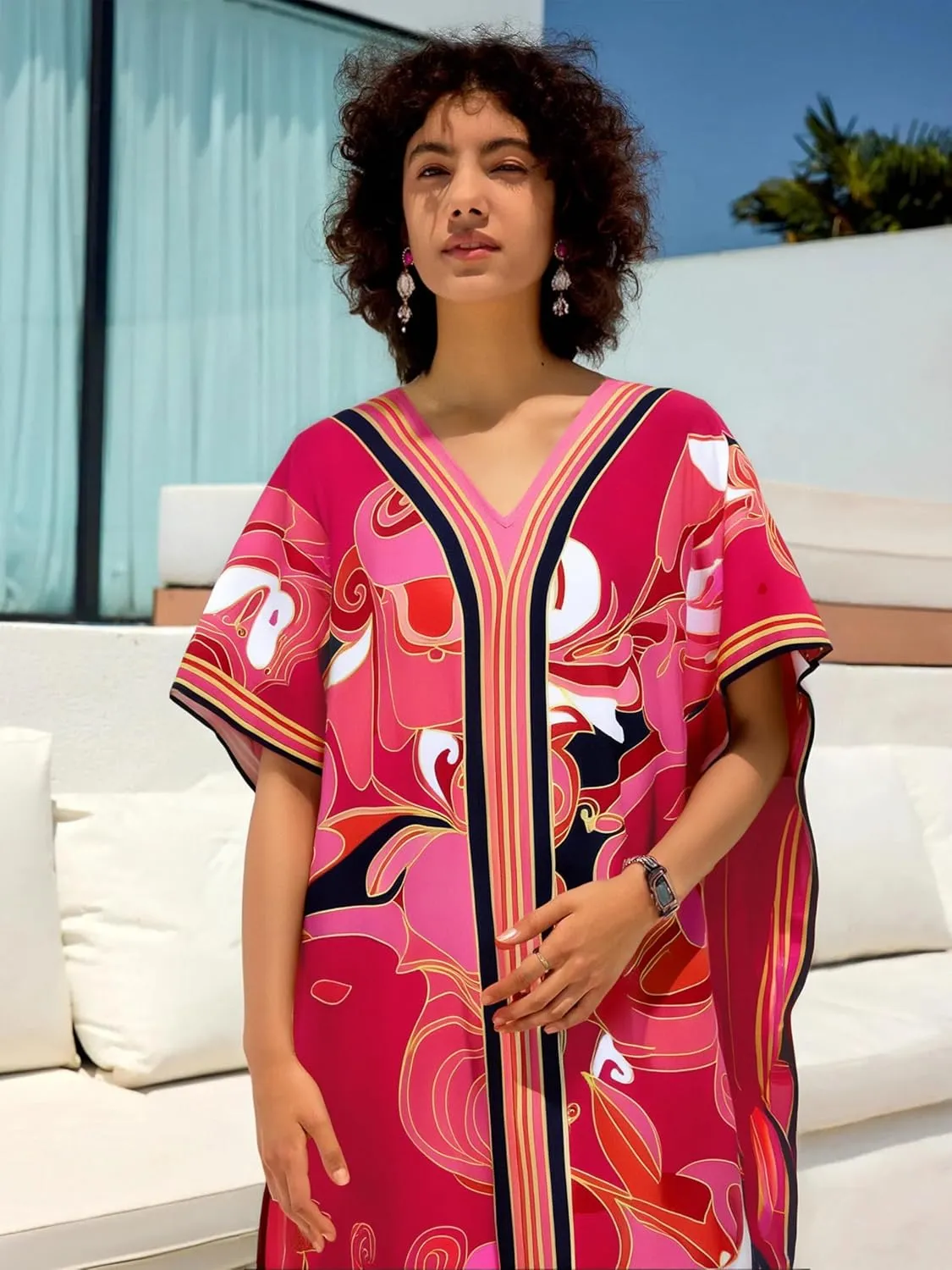 Cashew Flower Silk Caftan Women Vneck beach Cover up Caftans Loose Plus Size Floral Print Side Split Kaftan Dresses