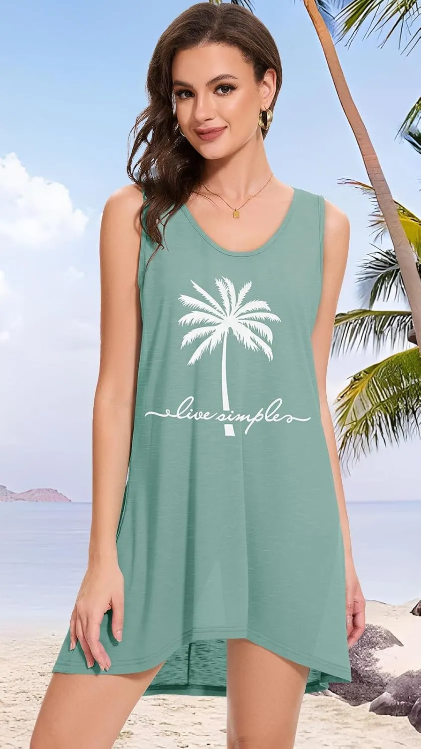 CHICGAL Womens Swimsuit Coverup Summer Beach Sleeveless T Shirt Bikini Tank Dress Loose Bathing Suit Cover Up