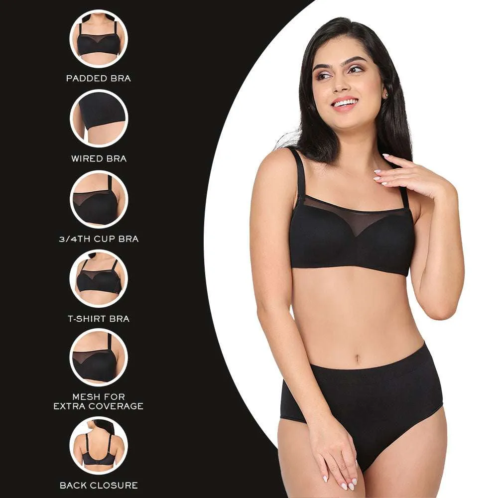 Contour Padded Wired 3/4th Cup Full Coverage Mesh Fashion Bra - Black