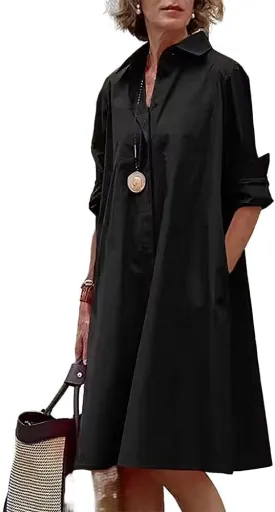 Costaric Women's Long Sleeve Button Down Shirt Dress Cotton Linen V Neck Loose Fit Casual Shirt Dresses with Pockets