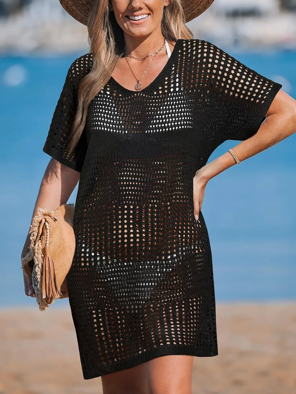 CUPSHE Women Crochet Swimsuit Cover Up Short Sleeve Beach Dress V Neck Bathing Suit Coverups for Beach Swimwear