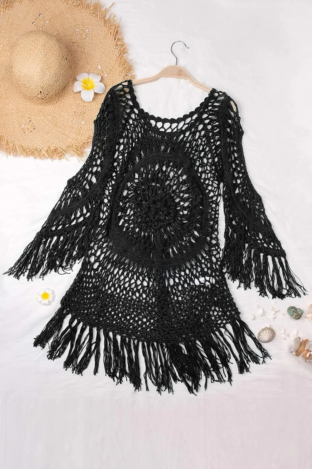 CUPSHE Womens Cover Up Crochet Poncho Swimsuit Tassel Dresses Hollow Out S-XXL 2025