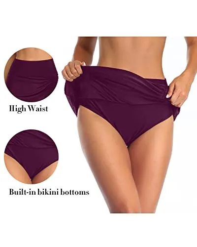 Drawstring Tummy Control Bathing Suit Skirt Swimsuits For Women-Maroon