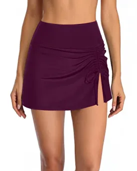Drawstring Tummy Control Bathing Suit Skirt Swimsuits For Women-Maroon