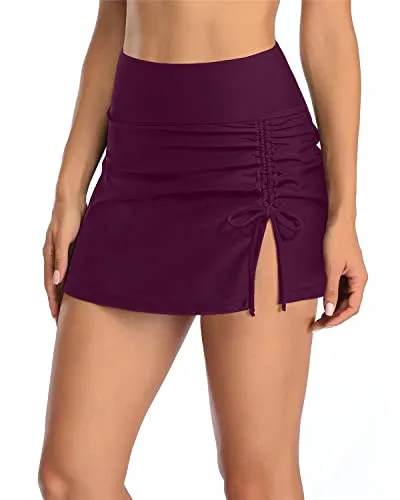 Drawstring Tummy Control Bathing Suit Skirt Swimsuits For Women-Maroon