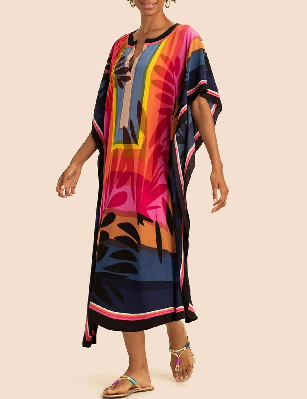 Eddoyee Women Long Print Swimwear Cover Up Sexy V Neck Side Split Beach Caftans Lounge Dresses