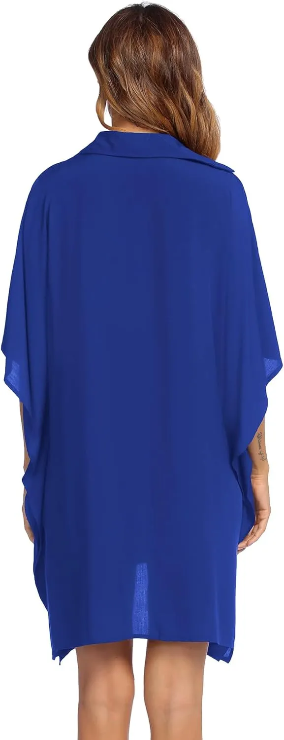 Ekouaer Women's Swimsuit Cover Up 3/4 Sleeve Beachwear Bikini Coverups Button Down Oversized Cover Up Shirt S-3XL