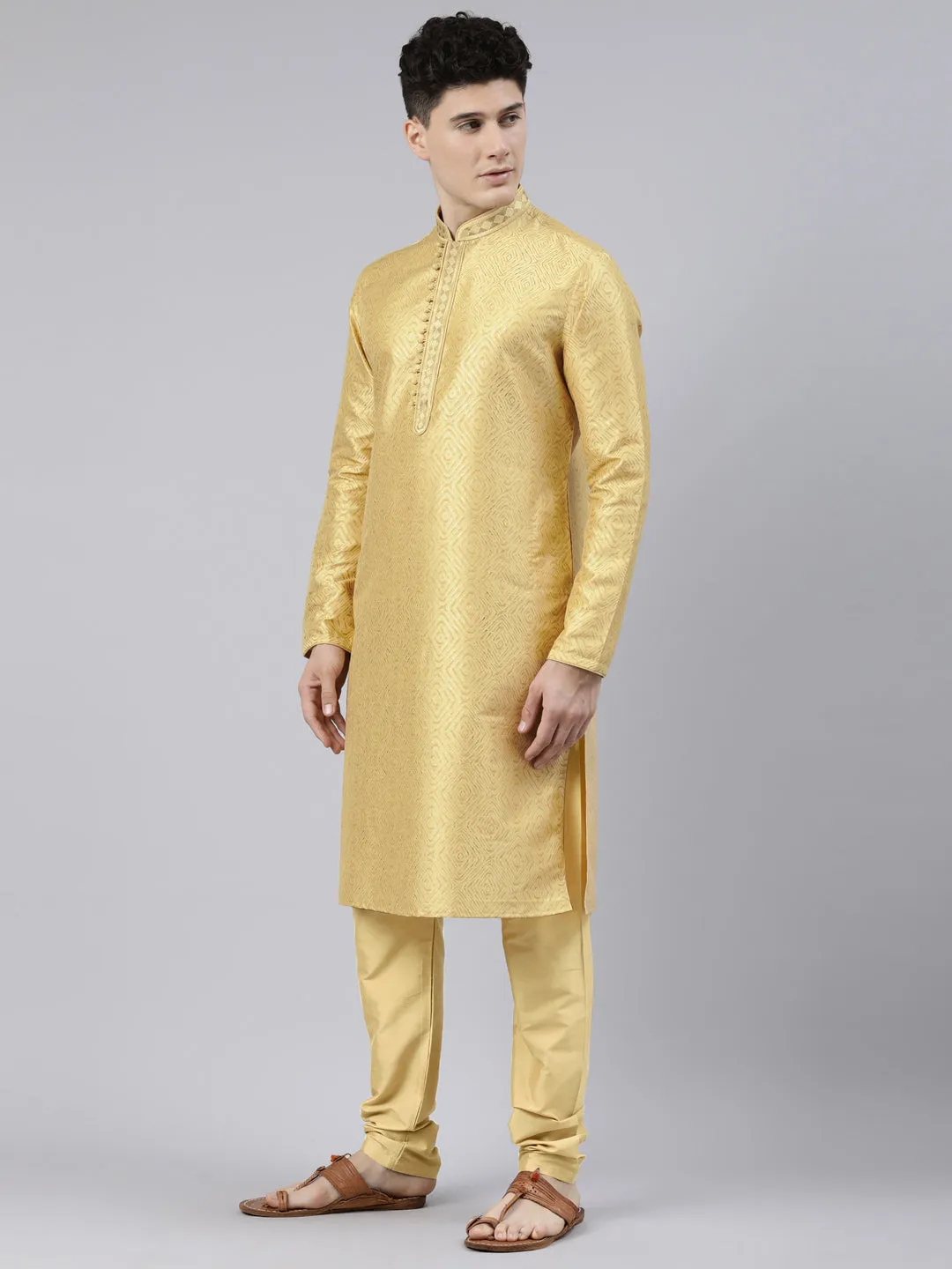 Golden Art Silk Kurta Set with Shining Golden Khadi Print