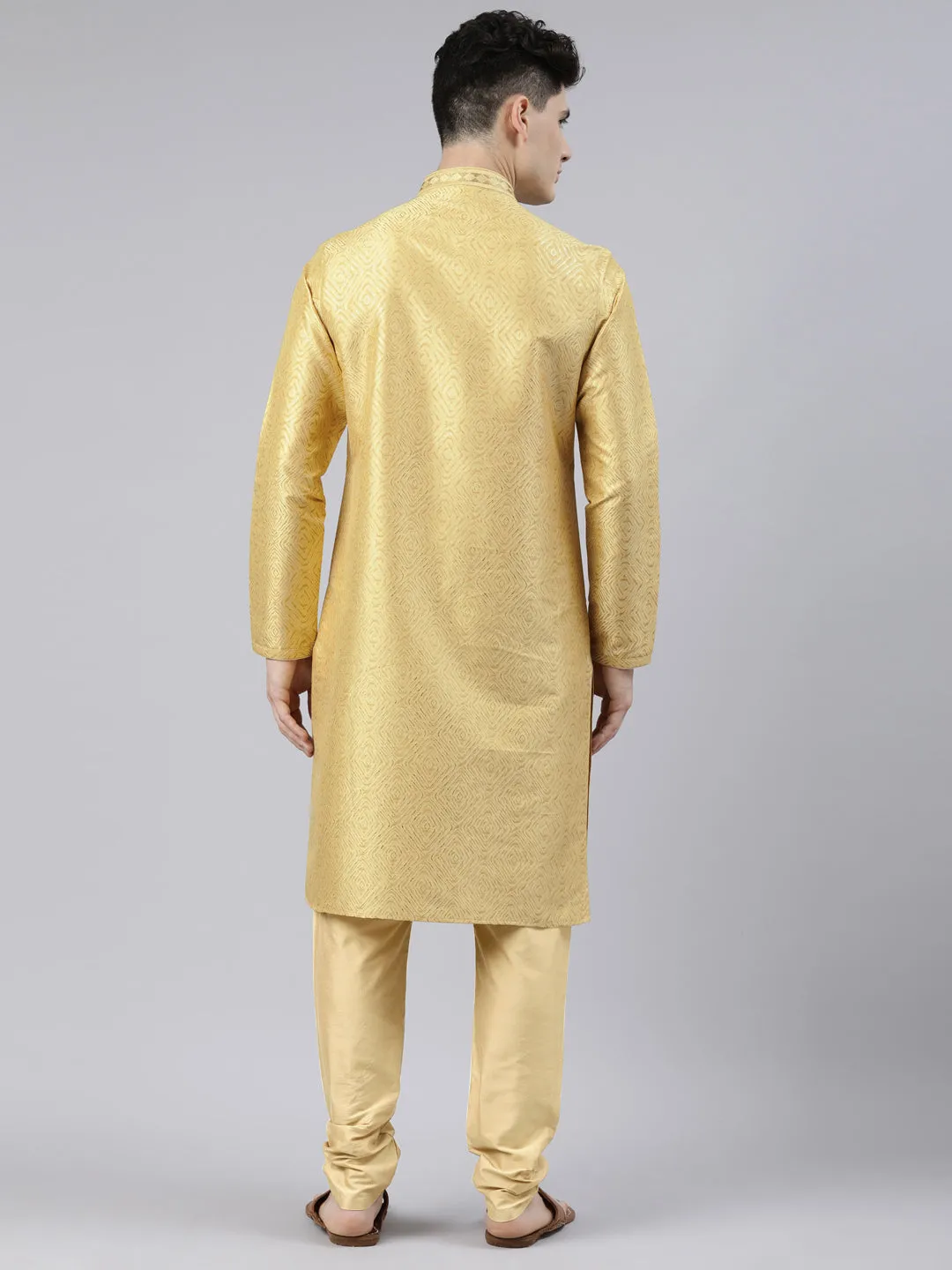Golden Art Silk Kurta Set with Shining Golden Khadi Print